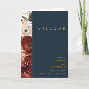 Marsala Autumn Floral   Navy Folded Wedding Program