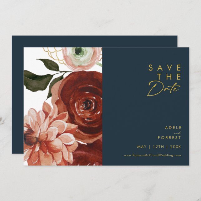 Marsala Autumn Floral | Navy Horizontal Save The Date (Front/Back)