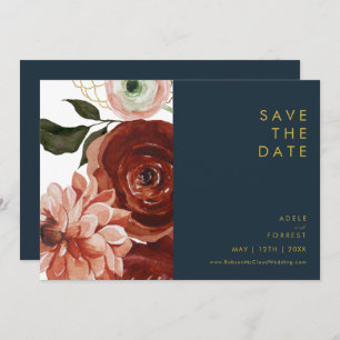 Marsala Autumn Floral   Navy Horizontal Save The Date