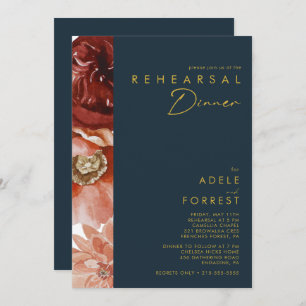Marsala Autumn Floral   Navy Rehearsal Dinner Invitation