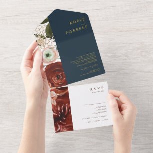 Marsala Autumn Floral   Navy Seal And Send All In One Invitation