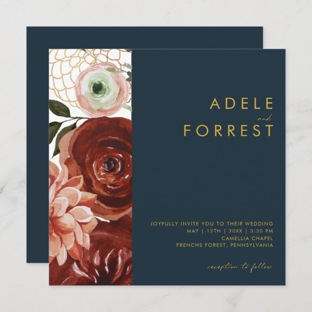 Marsala Autumn Floral | Navy Square Wedding Invitation (Front/Back)