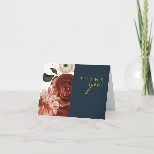 Marsala Autumn Floral | Navy Thank You Card (Front)