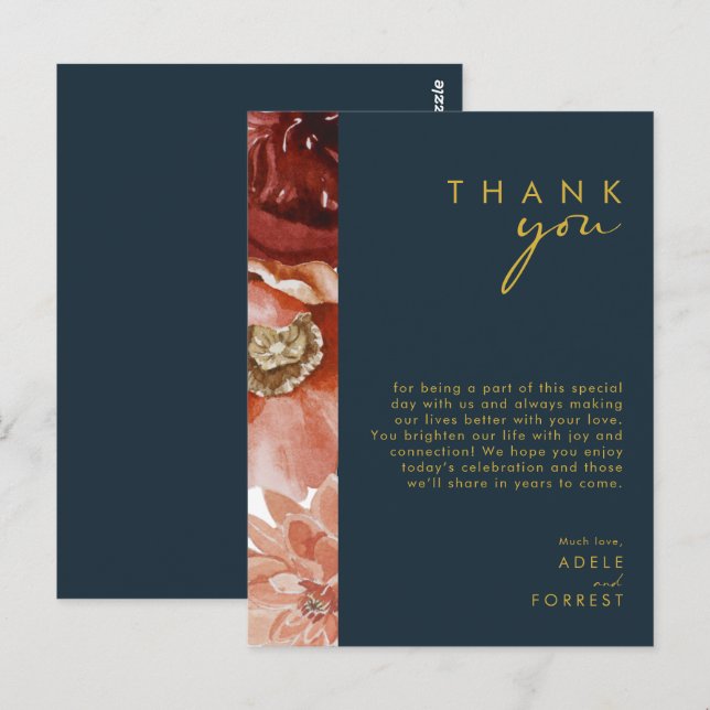 Marsala Autumn Floral | Navy Thank You Card (Front/Back)