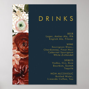 Marsala Autumn Floral   Navy Wedding Drinks Menu Poster