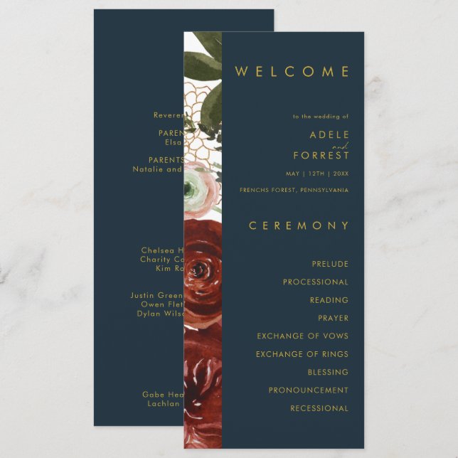 Marsala Autumn Floral | Navy Wedding Program (Front/Back)
