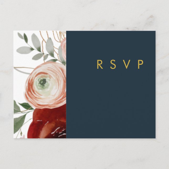 Marsala Autumn Floral | Navy Wedding RSVP Postcard (Front)
