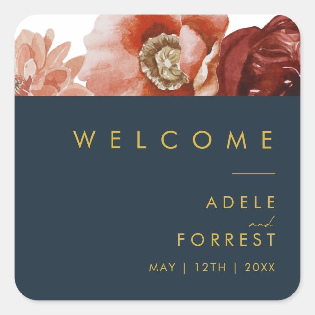Marsala Autumn Floral | Navy Wedding Welcome Square Sticker (Front)