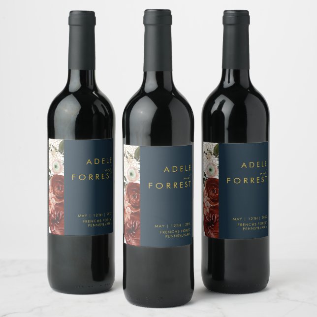 Marsala Autumn Floral | Navy Wedding Wine Label (Bottles)