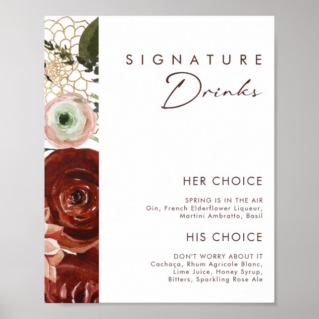 Marsala Autumn Floral | Signature Drinks Sign (Front)