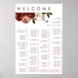 Marsala Autumn Floral White Alphabetical Seating Poster