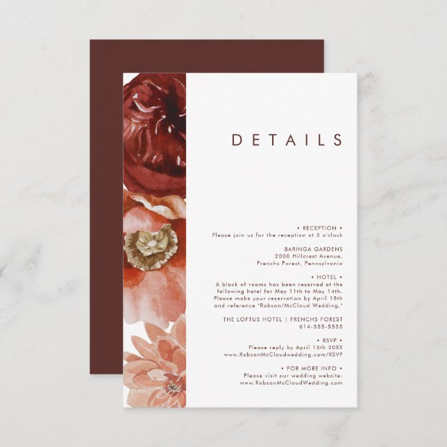 Marsala Autumn Floral | White Details Enclosure Card (Front/Back)