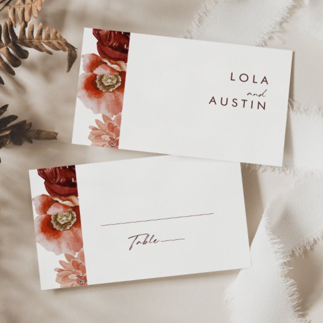 Marsala Autumn Floral | White Flat Wedding Place Card (Creator Uploaded)