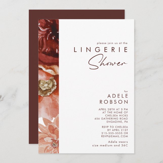 Marsala Autumn Floral | White Lingerie Shower Invitation (Front/Back)