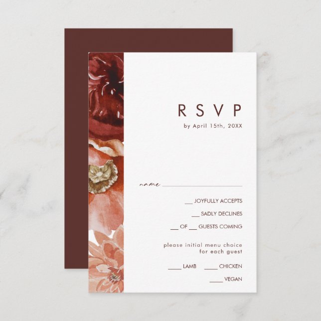 Marsala Autumn Floral White Menu Choice RSVP Card (Front/Back)
