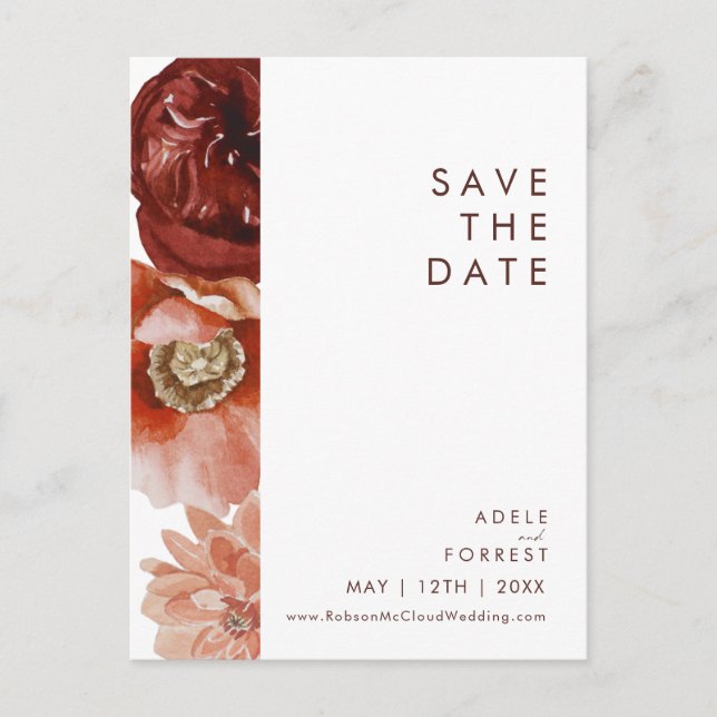 Marsala Autumn Floral White Save The Date Postcard (Front)