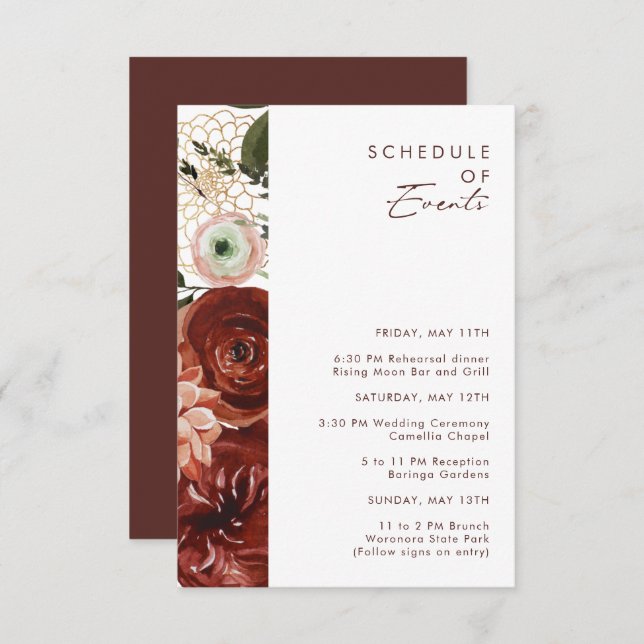 Marsala Autumn Floral | White Schedule of Events Enclosure Card (Front/Back)