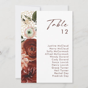 Marsala Autumn Floral   White Table Number Chart