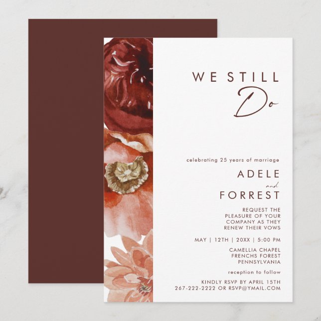Marsala Autumn Floral | White We Still Do Renewal Invitation (Front/Back)