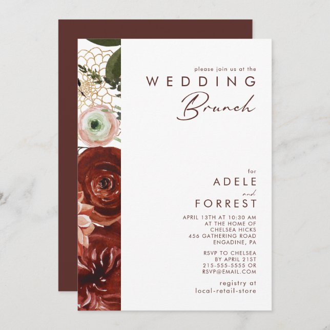Marsala Autumn Floral | White Wedding Brunch Invitation (Front/Back)