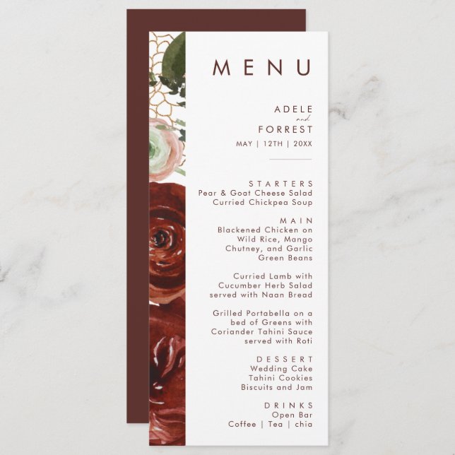 Marsala Autumn Floral | White Wedding Dinner Menu (Front/Back)