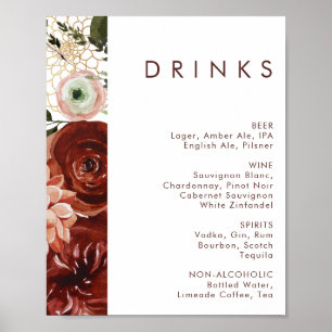 Marsala Autumn Floral   White Wedding Drinks Menu Poster