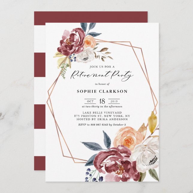 Marsala Autumn Flowers Geometric Retirement Party Invitation (Front/Back)