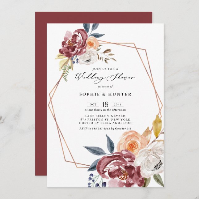 Marsala Autumn Flowers Geometric Wedding Shower Invitation (Front/Back)
