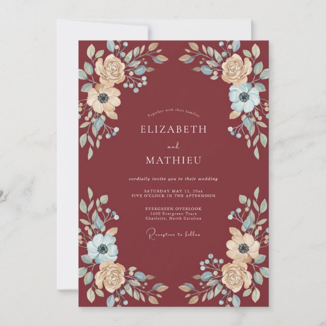 Marsala Azure Peony Wedding Invitation (Front)