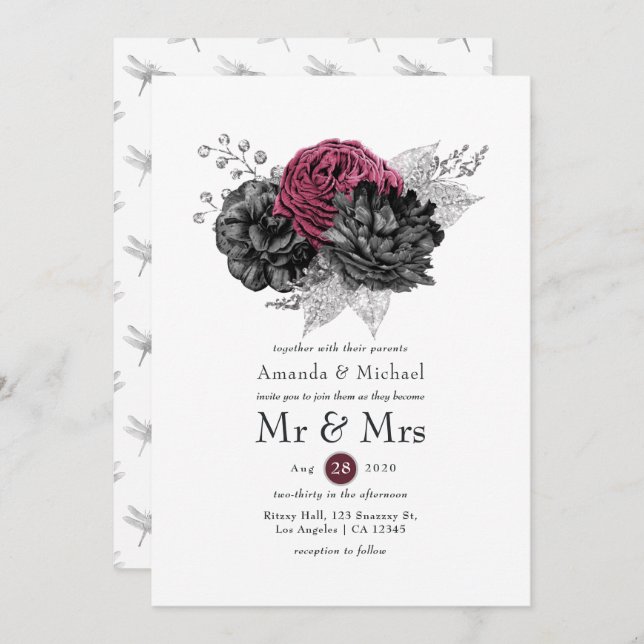 Marsala, Black and Silver Floral Wedding Invitation (Front/Back)