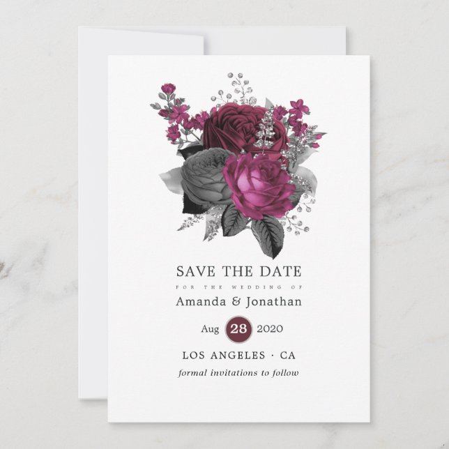 Marsala, Black and Silver Floral Wedding Save The Date (Front)