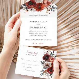 Marsala Bloom Tear-Away RSVP Wedding All In One Invitation