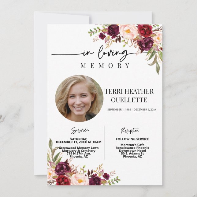 Marsala Blush Boho Photo Funeral Memorial Service Invitation (Front)