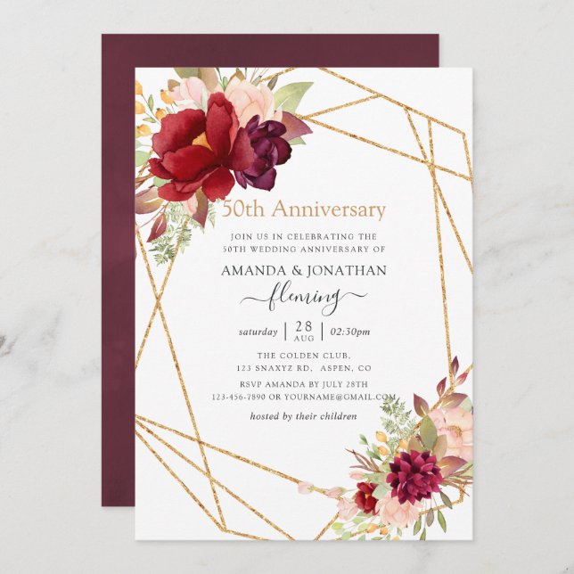 Marsala & Blush Geometric 50th Wedding Anniversary Invitation (Front/Back)