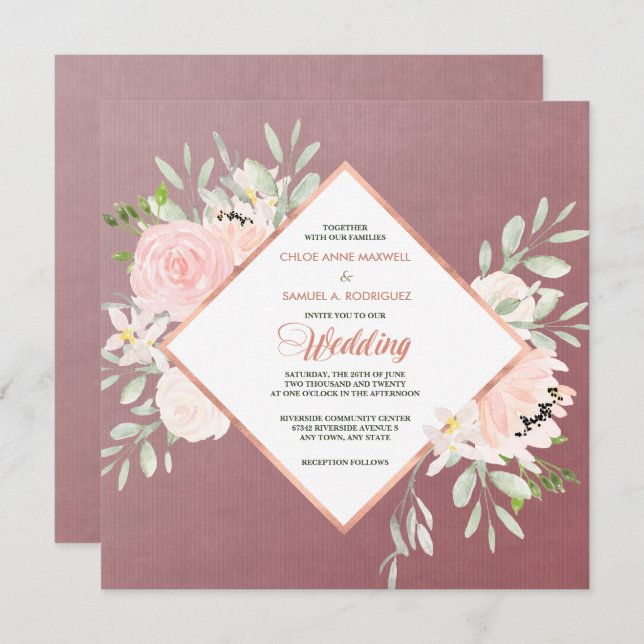 Marsala Blush Rose Floral Frame Wedding Invitation (Front/Back)