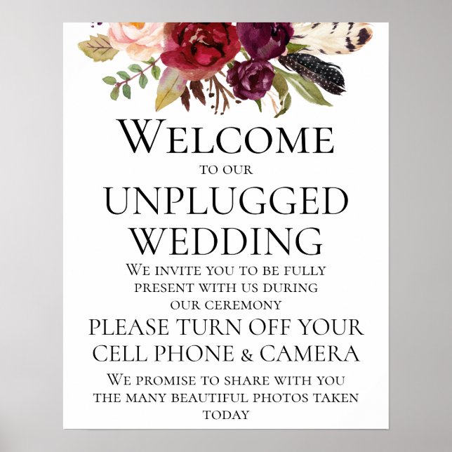 Marsala Boho Floral Unplugged Wedding CeremonySign Poster (Front)