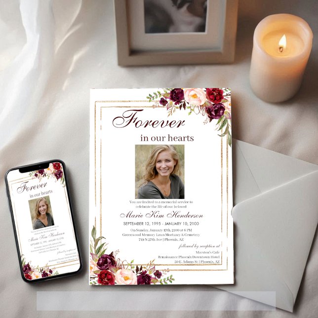 Marsala Boho Gold Memorial Service Funeral Photo Invitation (Creator Uploaded)