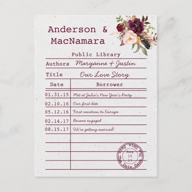 Marsala Boho Library Card Save The Date (Front)