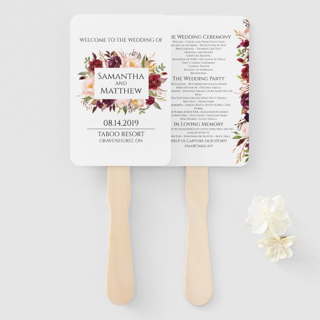 Marsala Bordered Wedding Program Hand Fan (Front and Back)
