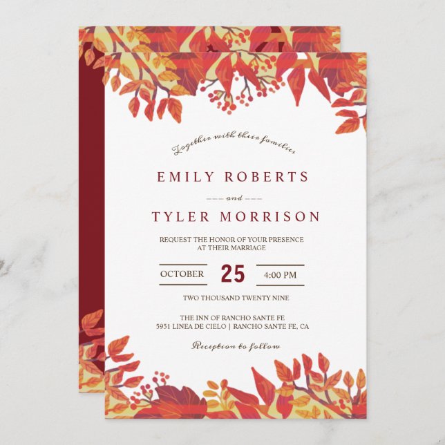 Marsala Brown Burgundy Floral Fall Wedding Invitation (Front/Back)
