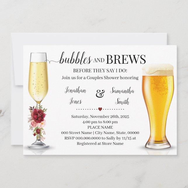 Marsala Bubbles & Brews before I do Couples Shower Invitation (Front)