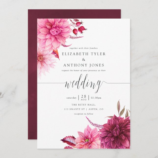 Marsala - Burgundy and Blush Autumn Fall Wedding Invitation (Front/Back)
