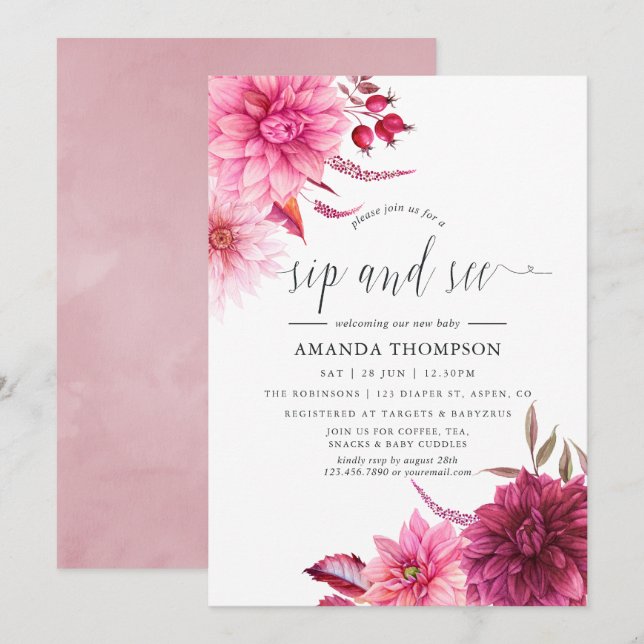 Marsala - Burgundy and Blush Floral Sip and See Invitation (Front/Back)