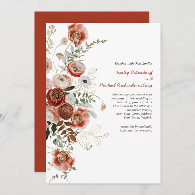 Marsala Burgundy Blush Fall Floral Wedding Invitat Invitation (Front/Back)