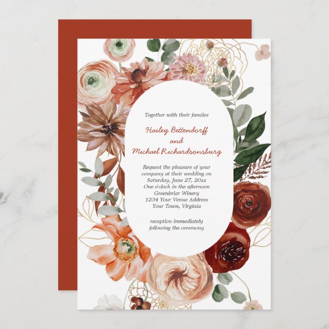 Marsala Burgundy Blush Fall Floral Wedding Invitat Invitation (Front/Back)