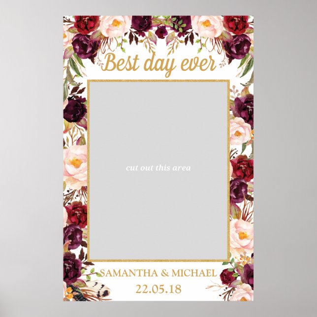 Marsala burgundy blush floral wedding photo prop poster (Front)