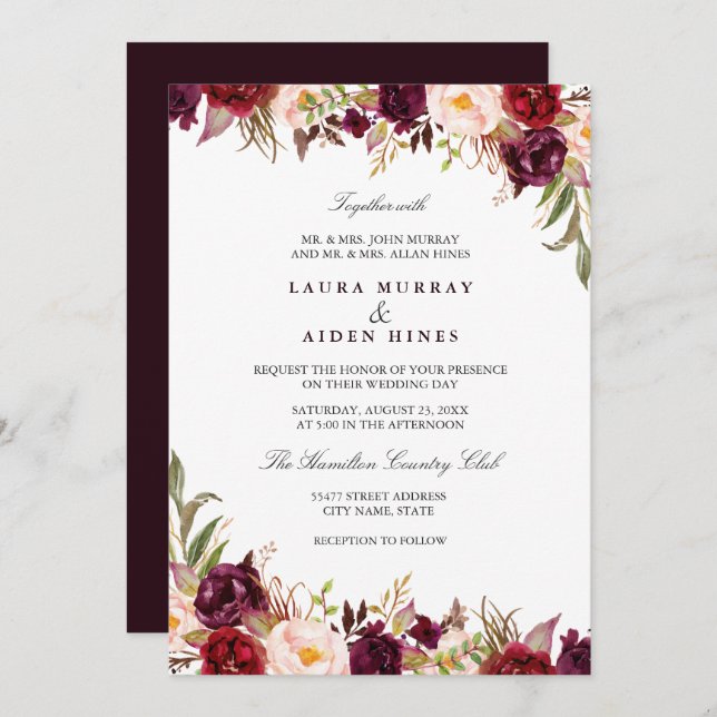 Marsala Burgundy Blush Watercolor Floral Wedding Invitation (Front/Back)