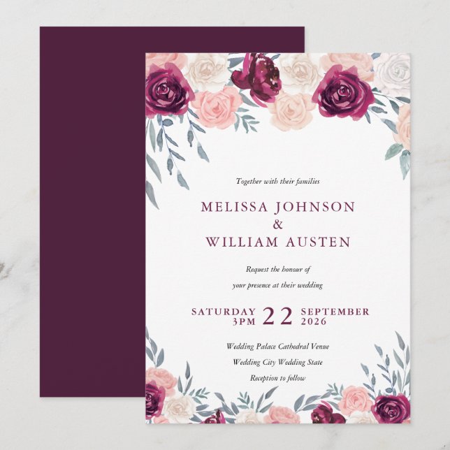 Marsala Burgundy Blush Watercolor Floral Wedding Invitation (Front/Back)
