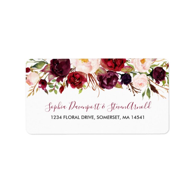 Marsala Burgundy Botanical Wedding Address Labels (Front)