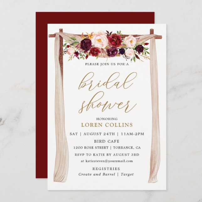Marsala Burgundy Floral Arch Boho Bridal Shower Invitation (Front/Back)